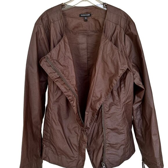 Eileen Fisher Womens Large Lightweight Asymmetrical Zip Moto Jacket Brown Lined - Picture 2 of 11